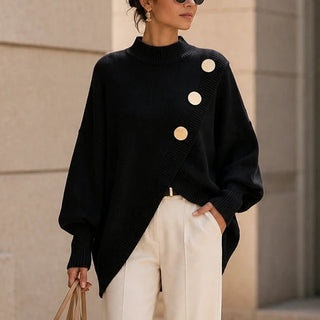 Women's Asymmetric Mock-Neck Knit Sweater in black, Effortless Layering