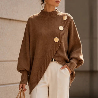 Women's Asymmetric Mock-Neck Knit Sweater in brown, Effortless Layering