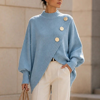 Women's Asymmetric Mock-Neck Knit Sweater in light blue, Effortless Layering