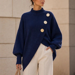 Women's Asymmetric Mock-Neck Knit Sweater in navy blue, Effortless Layering