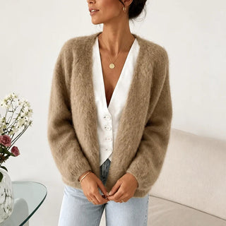 Women's Brushed Mohair Cardigan in khaki, Open Front Relaxed Fit