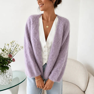 Women's Brushed Mohair Cardigan in purple, Open Front Relaxed Fit