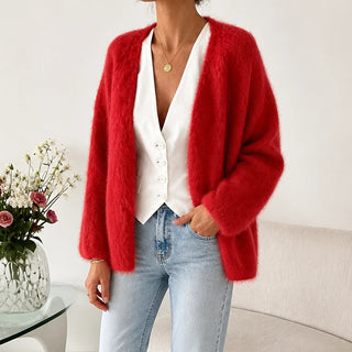 Women's Brushed Mohair Cardigan in red, Open Front Relaxed Fit