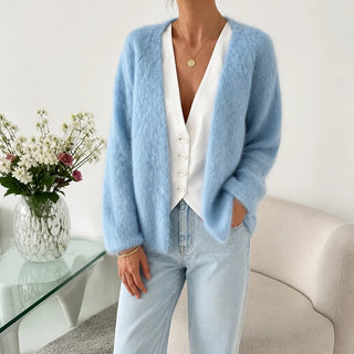 Women's Brushed Mohair Cardigan in sky blue, Open Front Relaxed Fit