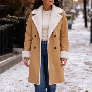 Women's Camel Sherpa-Lined Winter Coat in camel, Below-the-Knee