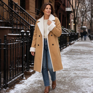Women's Camel Sherpa-Lined Winter Coat - Below-the-Knee
