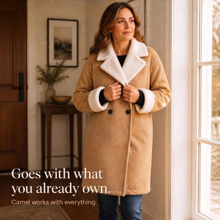 Women's Camel Sherpa-Lined Winter Coat - Below-the-Knee