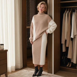 Women's Contrast Panel Sweater and Skirt Set - Midi