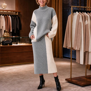 Women's Contrast Panel Sweater and Skirt Set in grey, Midi