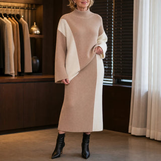 Women's Contrast Panel Sweater and Skirt Set in khaki, Midi