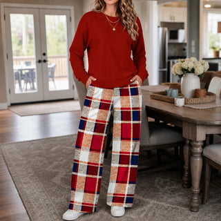 Women's Crewneck Sweatshirt and Wide-Leg Pants Set in red plaid, Coordinated Loung