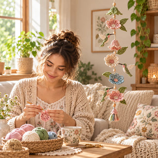 Women's Crochet Hummingbird Flower Garland - Handmade Hanging Decor