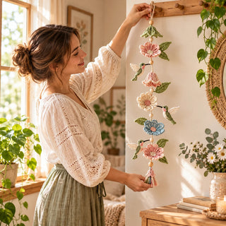 Women's Crochet Hummingbird Flower Garland - Handmade Hanging Decor