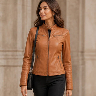 Women's Cropped Faux-Leather Biker Jacket in brown, Tailored Fit