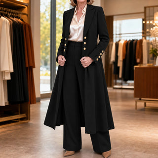 Women's Double-Breasted Longline Coat and Trouser Suit in black, Tailored Work