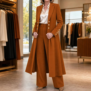 Women's Double-Breasted Longline Coat and Trouser Suit in burnt orange, Tailored Work