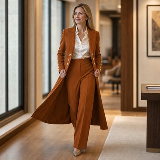 Women's Double-Breasted Longline Coat and Trouser Suit - Tailored Work