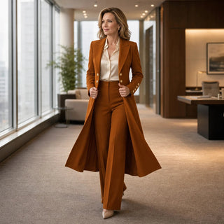 Women's Double-Breasted Longline Coat and Trouser Suit - Tailored Work