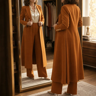 Women's Double-Breasted Longline Coat and Trouser Suit - Tailored Work