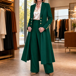 Women's Double-Breasted Longline Coat and Trouser Suit in emerald green, Tailored Work