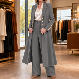 Women's Double-Breasted Longline Coat and Trouser Suit in grey, Tailored Work