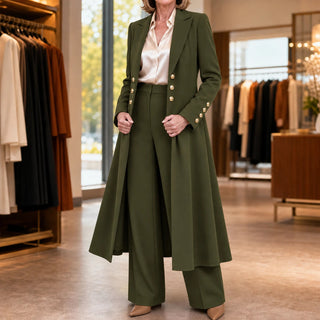 Women's Double-Breasted Longline Coat and Trouser Suit in olive green, Tailored Work