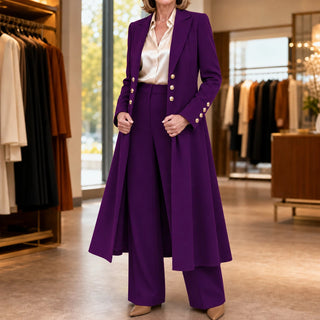 Women's Double-Breasted Longline Coat and Trouser Suit in purple, Tailored Work