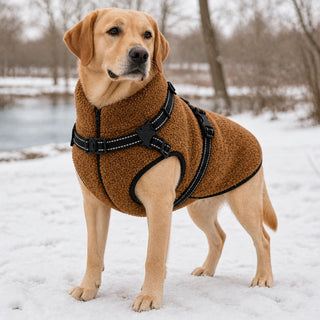 Women's Fleece Dog Coat with Built-In Harness in coffee, Warm & Free