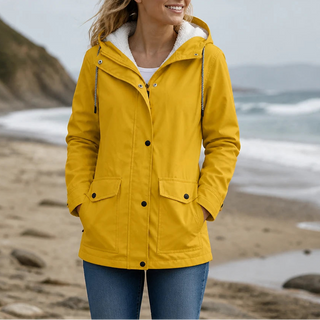Women's Fleece-Lined Hooded Winter Jacket in yellow, Windproof Warmth