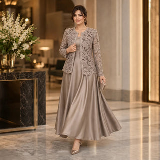 Women's Floral Lace Jacket Maxi Dress Set - Taupe