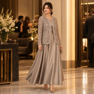 Women's Floral Lace Jacket Maxi Dress Set - Taupe