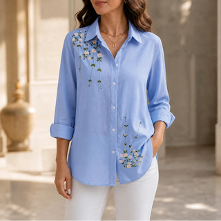 Women's Floral Print Long-Sleeve Shirt in light blue, Casual Hip-Length Blouse