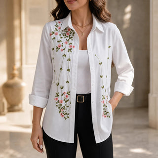 Women's Floral Print Long-Sleeve Shirt in white, Casual Hip-Length Blouse