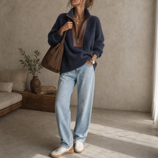 Women's Fuzzy Half-Zip Sweater - Contrast Trim