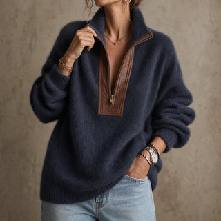 Women's Fuzzy Half-Zip Sweater in navy, Contrast Trim