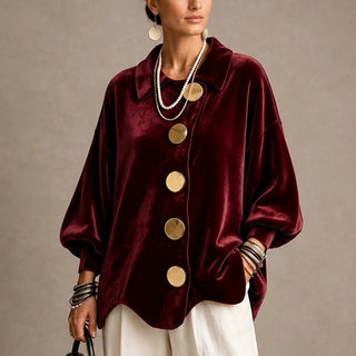 Women's Gold Button Velvet-Look Blouse in burgundy, Casual Hip-Length