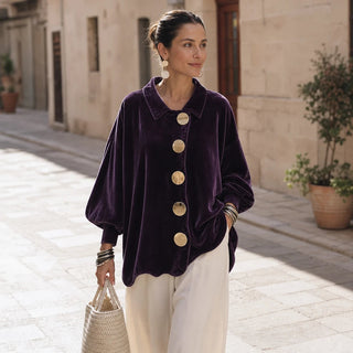 Women's Gold Button Velvet-Look Blouse - Casual Hip-Length