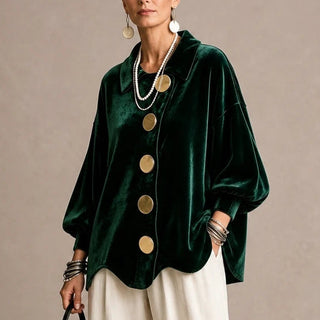 Women's Gold Button Velvet-Look Blouse in green, Casual Hip-Length