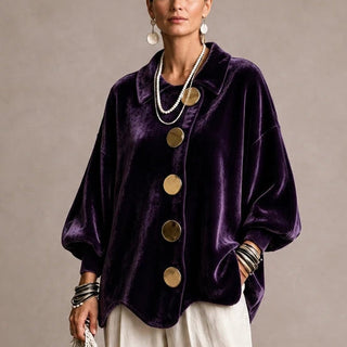 Women's Gold Button Velvet-Look Blouse in purple, Casual Hip-Length