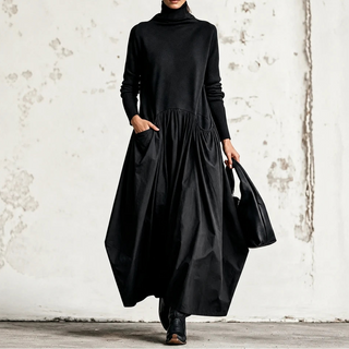 Women's High Neck Maxi Dress with Pockets – Relaxed Fit - Black