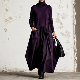 Women's High Neck Maxi Dress with Pockets – Relaxed Fit - Dark Purple