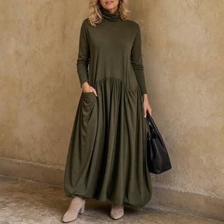 Women's High Neck Maxi Dress with Pockets – Relaxed Fit