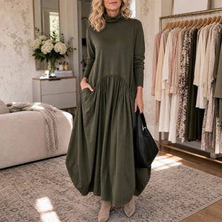 Women's High Neck Maxi Dress with Pockets – Relaxed Fit
