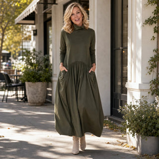 Women's High Neck Maxi Dress with Pockets – Relaxed Fit