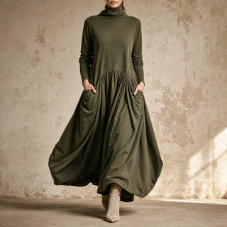 Women's High Neck Maxi Dress with Pockets – Relaxed Fit