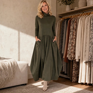 Women's High Neck Maxi Dress with Pockets – Relaxed Fit