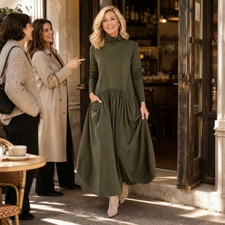 Women's High Neck Maxi Dress with Pockets – Relaxed Fit