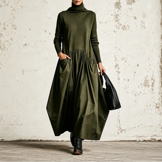 Women's High Neck Maxi Dress with Pockets – Relaxed Fit - Green