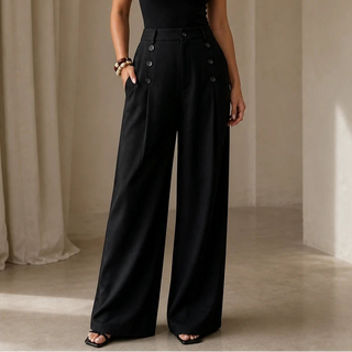 Women's High-Waisted Pleated Wide-Leg Trousers in black, Tailored Comfort