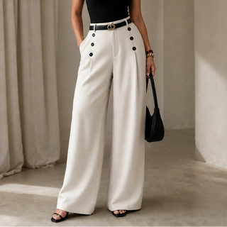 Women's High-Waisted Pleated Wide-Leg Trousers in white, Tailored Comfort